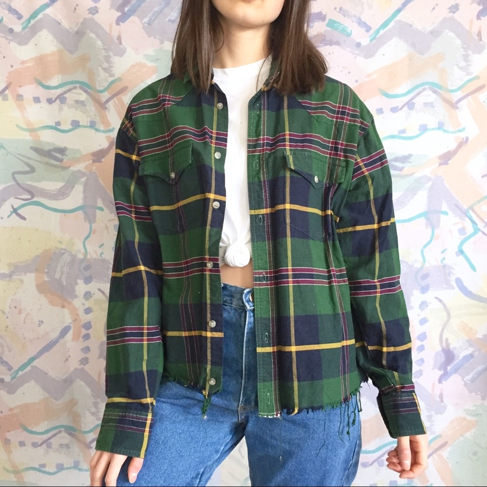 Wrangler plaid button up shirt with raw hem